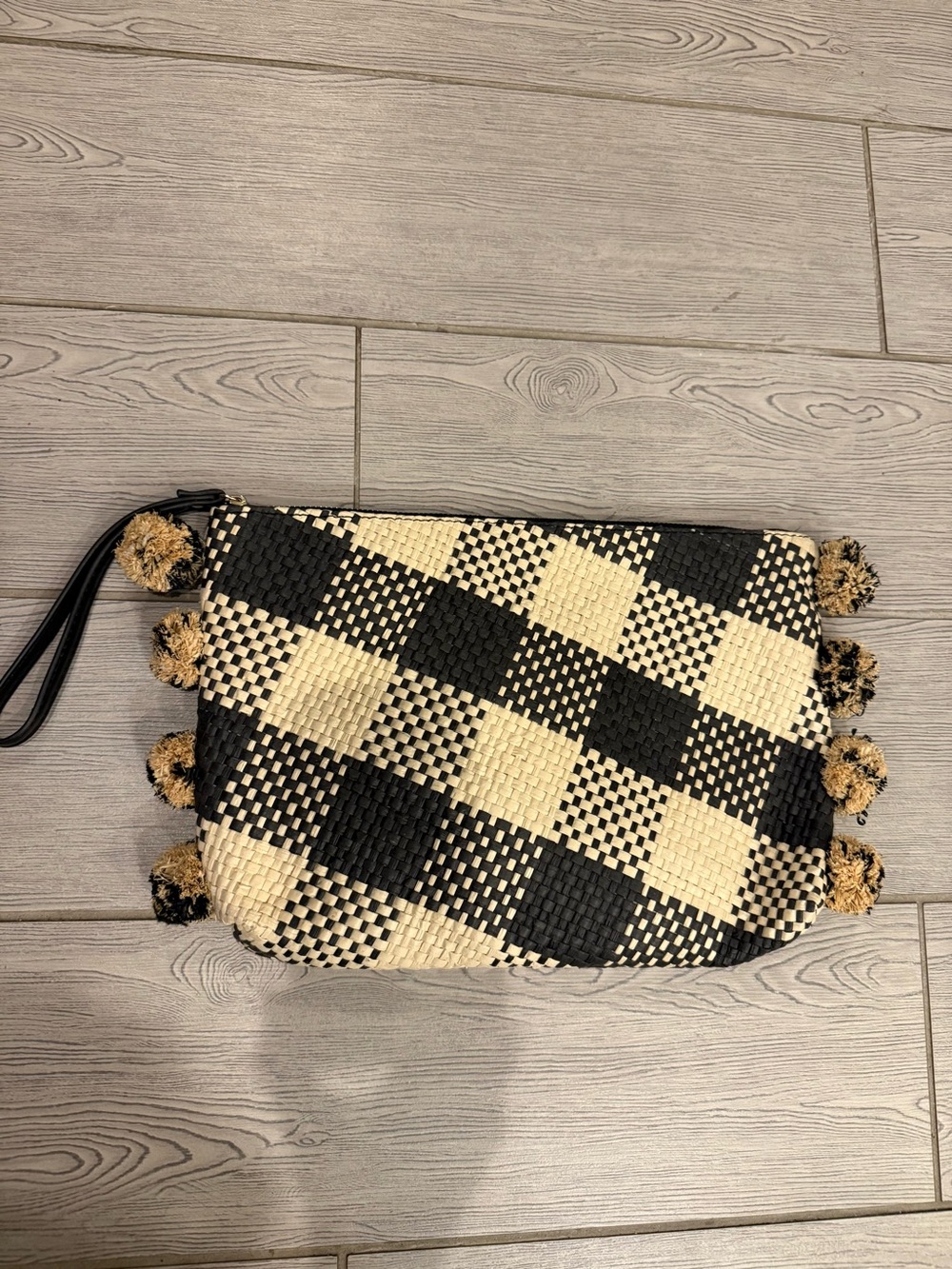 A New Day Woven Check Pompom Wristlet Clutch - Black & Cream